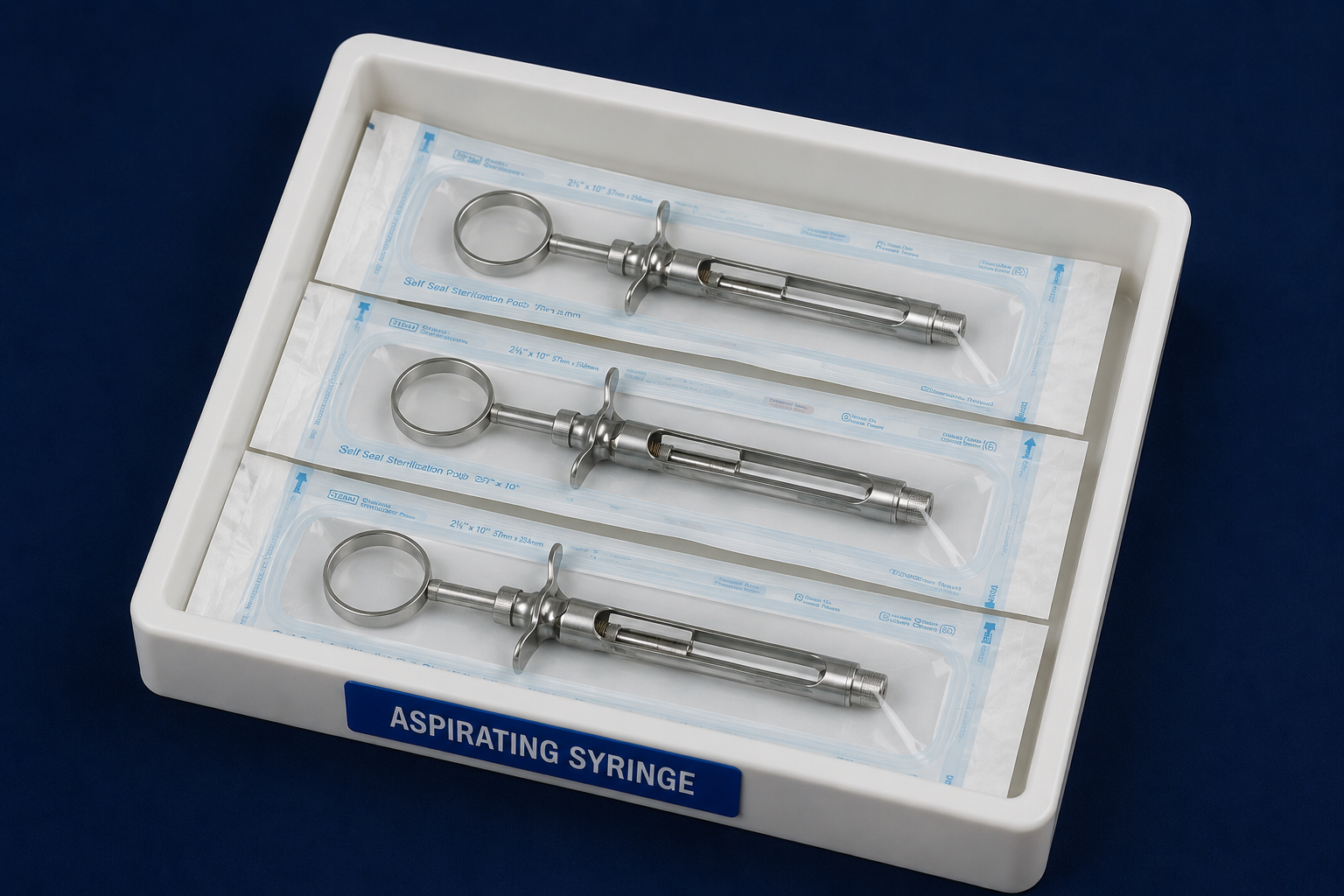 Sterile-pouched aspirating syringes in their labeled dedicated tray