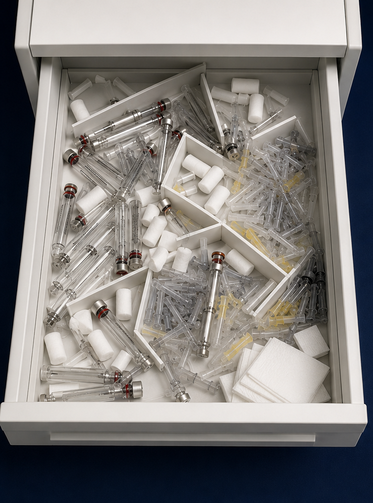 Before: an operatory drawer with syringes, needles and cotton rolls loose and mixed across generic dividers